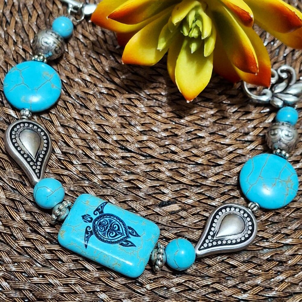 Artisan Hand Crafted Bracelet Turtle Tribal Art Silver Turquoise Beaded OSFM - Picture 7 of 11